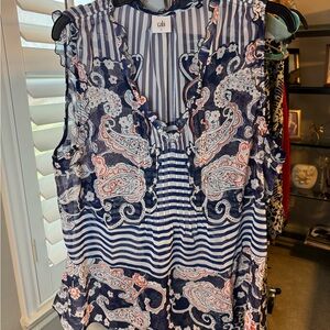 Cabi Navy, Pink and White Paisley Striped Top